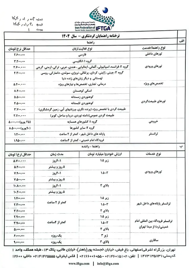 نرخنامه دستمزد راهنمایان 1404